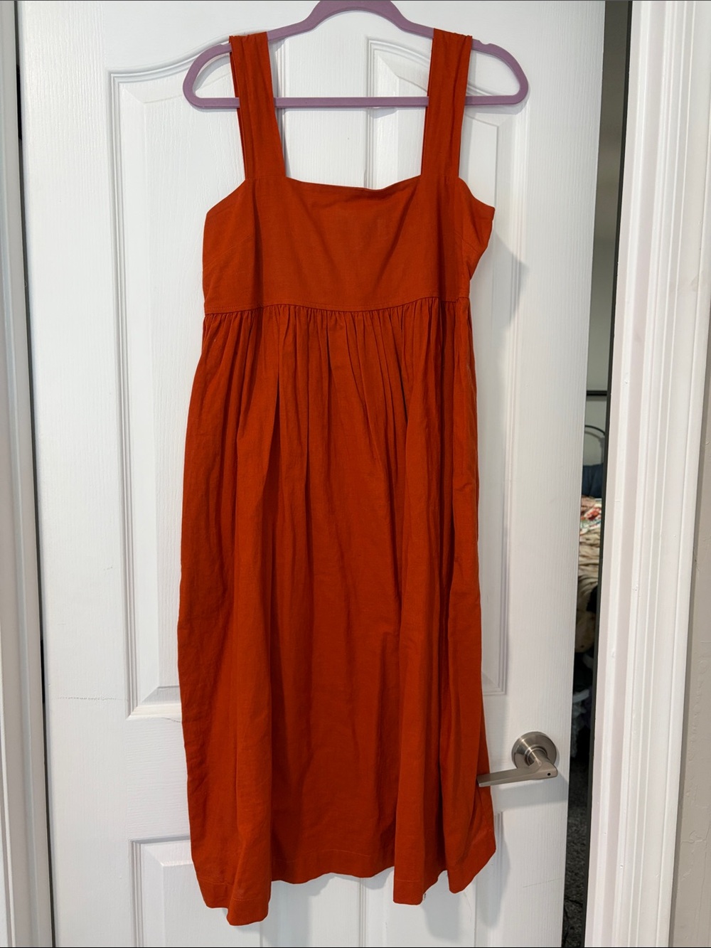 Square-Neck Rust Orange Midi Dress with Wide Straps